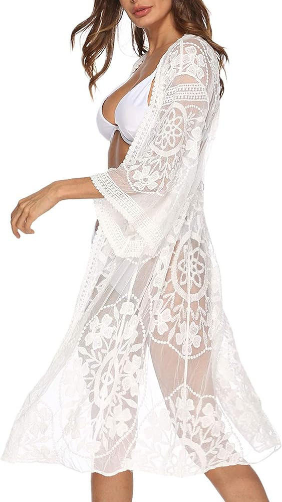 Women's Lace Cardigan Floral Crochet Sheer Beach Cover Ups Long Open Kimono | Amazon (US)