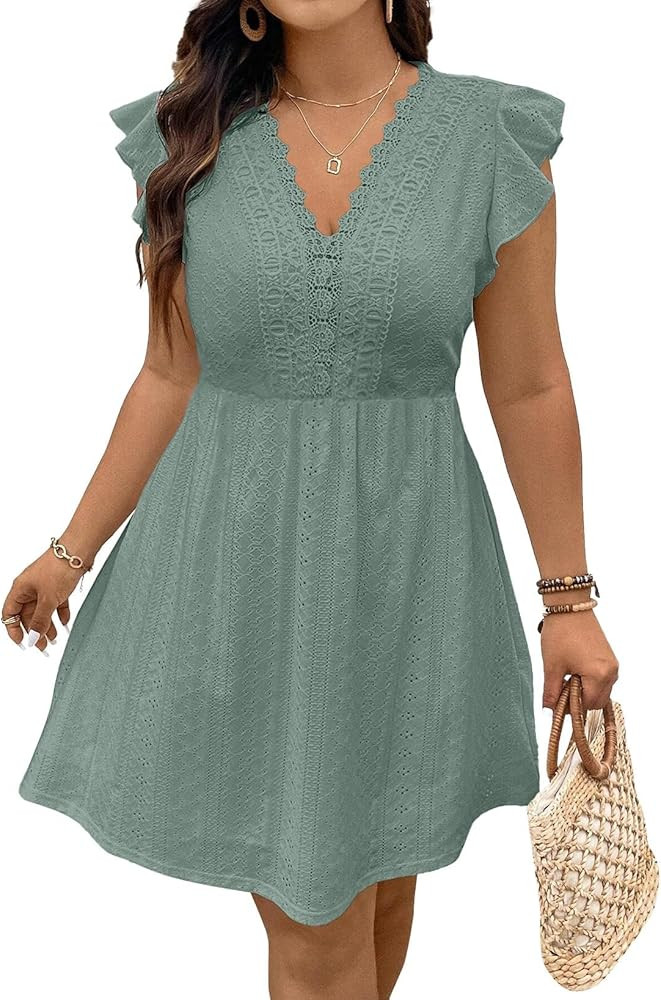 Eytino Plus Size Dresses for Women Summer Ruffle Cap Sleeve Lace V Neck Embroidery Eyelet A Line ... | Amazon (US)