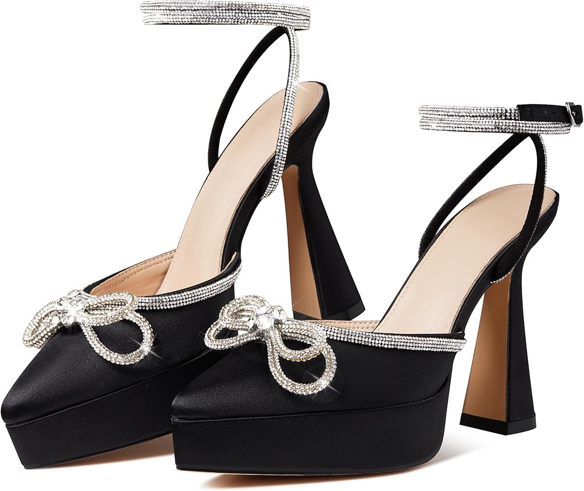 Goiphrri Platform Ankle Strap High Heeled Lace Up Pumps Sandals Ankle Buckle Straps Pump Rhinesto... | Amazon (US)