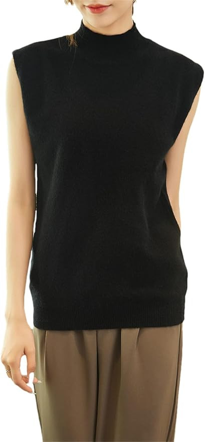 Women Sleeveless Turtleneck Sweater Vests 100% Wool Knitted Cashmere Pullover Vest (Black XL) | Amazon (US)