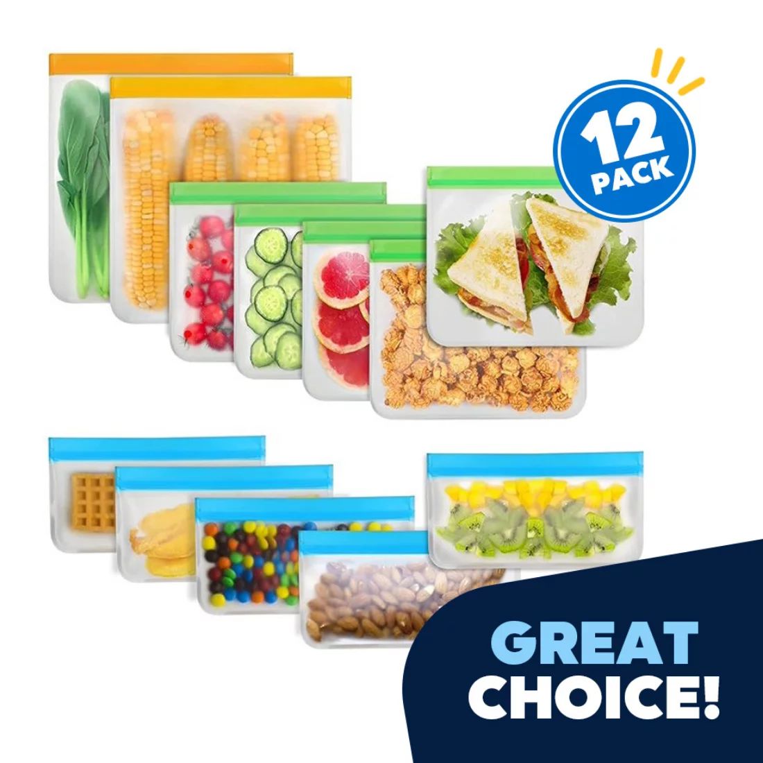 Reusable Food Storage Bags - 12 Count BPA Free Reusable Freezer Bags (2 Gallon & 5 Sandwich & 5 S... | Walmart (US)