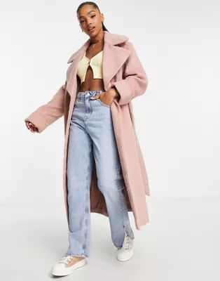 ASOS DESIGN smart brushed belted coat in pink | ASOS (Global)