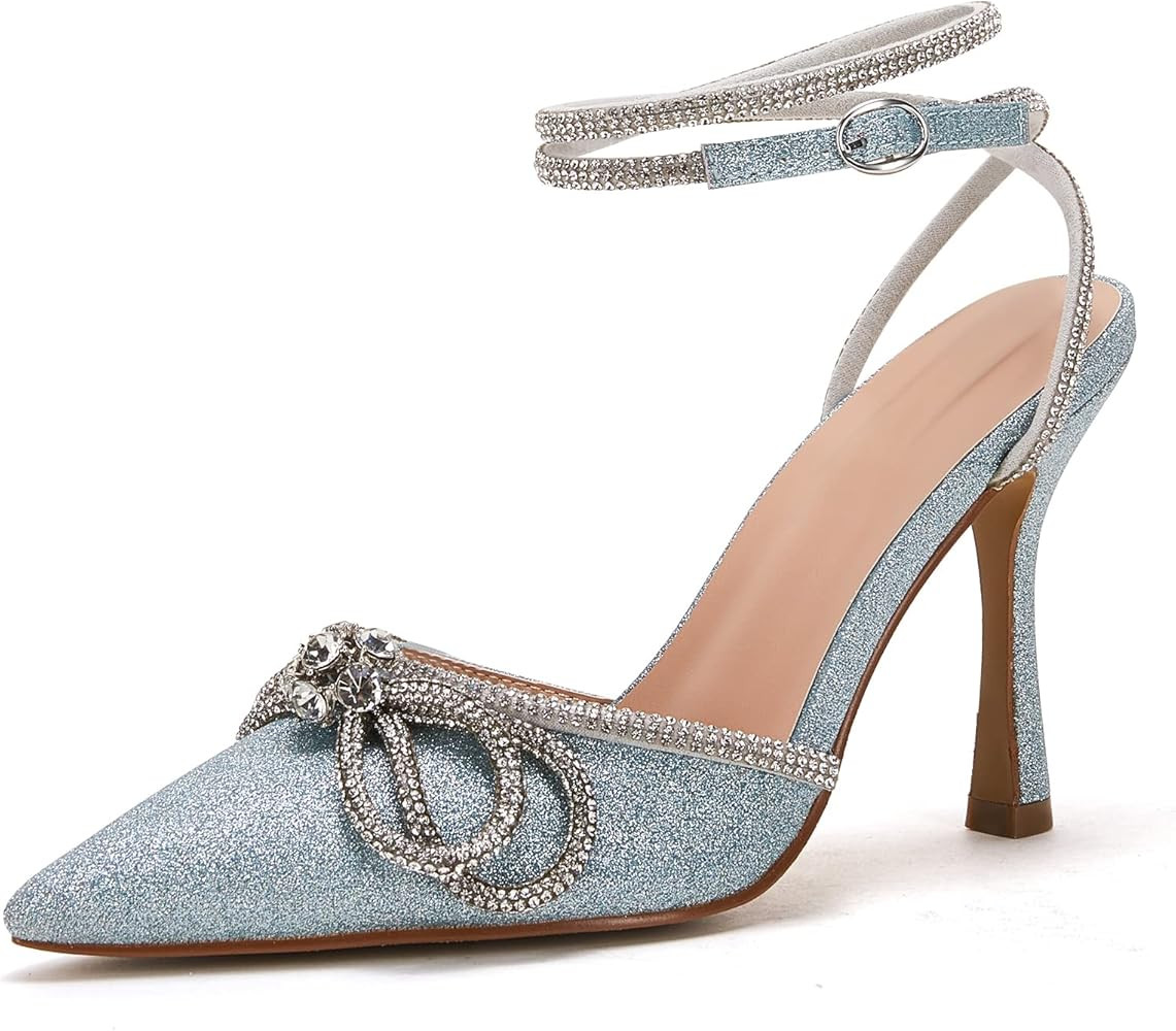 TINSTREE Women's Rhinestone Ankle Strap Heeled Sandals Satin Pointy Toe Stilettos High Heels Pumps L | Amazon (US)