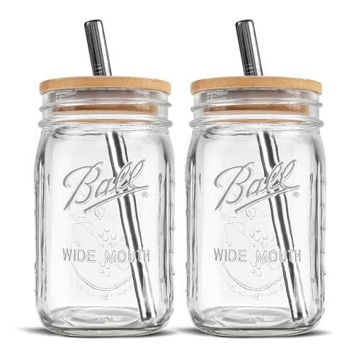 Wide Mouth Mason Jars 32 oz - (2 Pack) - Ball Wide Mouth 32-Ounces Quart Mason Jars with Reusable M.E.M Bamboo Lids & Stainless Steel Straws - For Smoothies, Milk Shakes, Iced Coffee, Tea | Amazon (US)