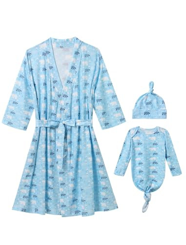 Mommy and Me Robe and Swaddle Set Floral Print Maternity and Baby Matching Hospital Labor Delivery Swaddling Wrap Blanket Dress with Headband Hat for Mom and Girl Boy 4pcs Outfit Blue Bear L/XL | Amazon (US)