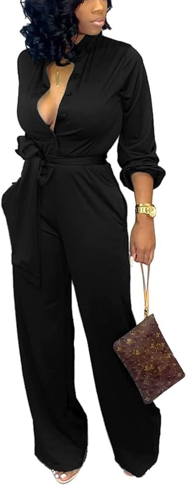 Amazon.com: Women Black Jumpsuits Elegant Sexy V Neck Long Sleeve Lapel Collar Button Down Long S... | Amazon (US)