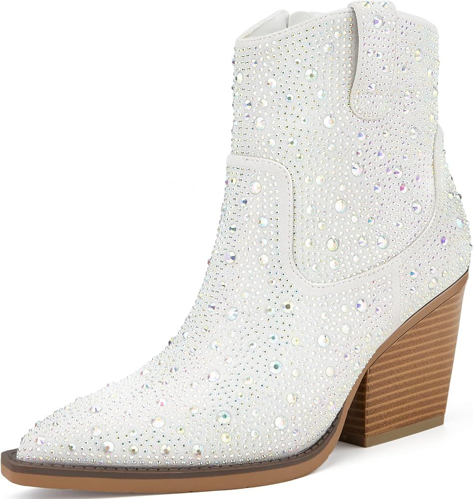 OOHRHN Women's Rhinestone Cowboy Booties Chunky Block Heel Pearl Detail Sparkly Ankle Boots Pointed  | Amazon (US)