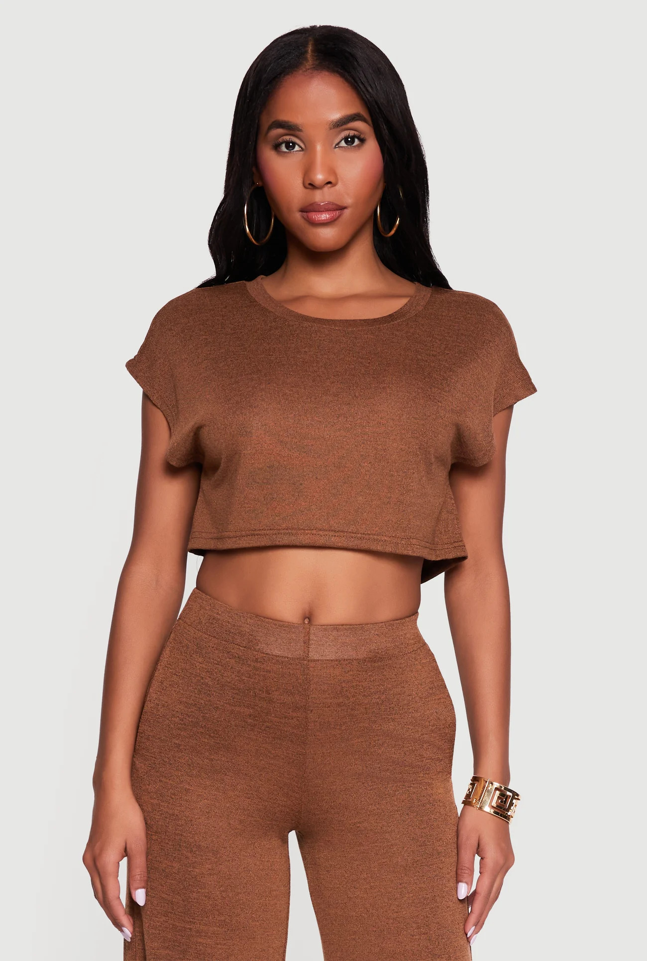 Brushed Knit Cap Sleeve Crew Neck Crop Top | Rainbow Shops