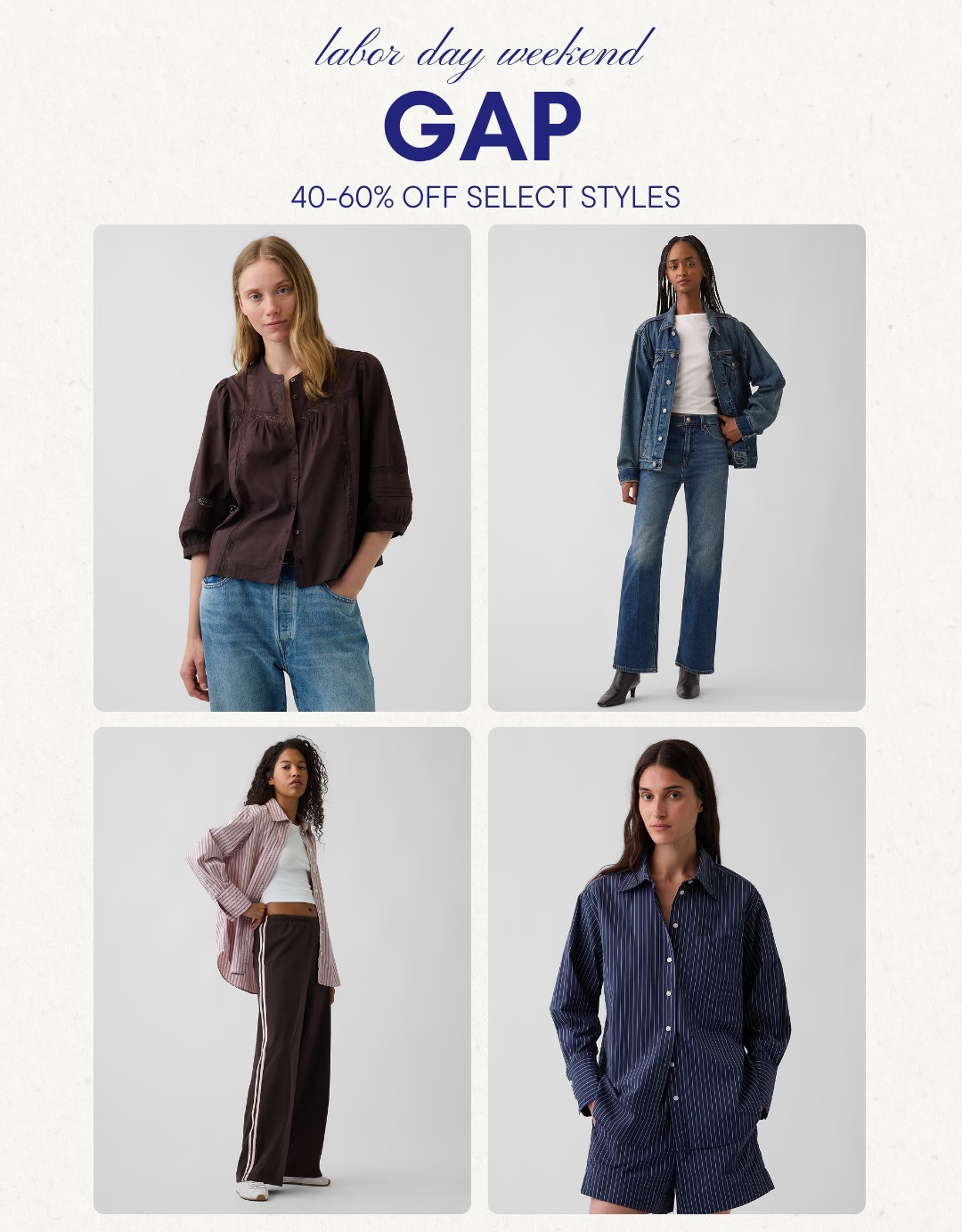 [9/2/26] GAP | Labor Day Weekend Sale! 40-60% off select styles 🤍

#LTKootd #LTKSeasonal #LTKSaleAlert