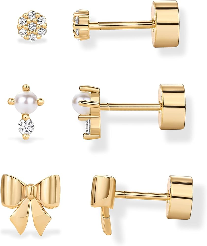 PAVOI 14K Gold Plated Dainty Flat Back Earrings for Women - Hypoallergenic Sterling Silver Posts ... | Amazon (US)