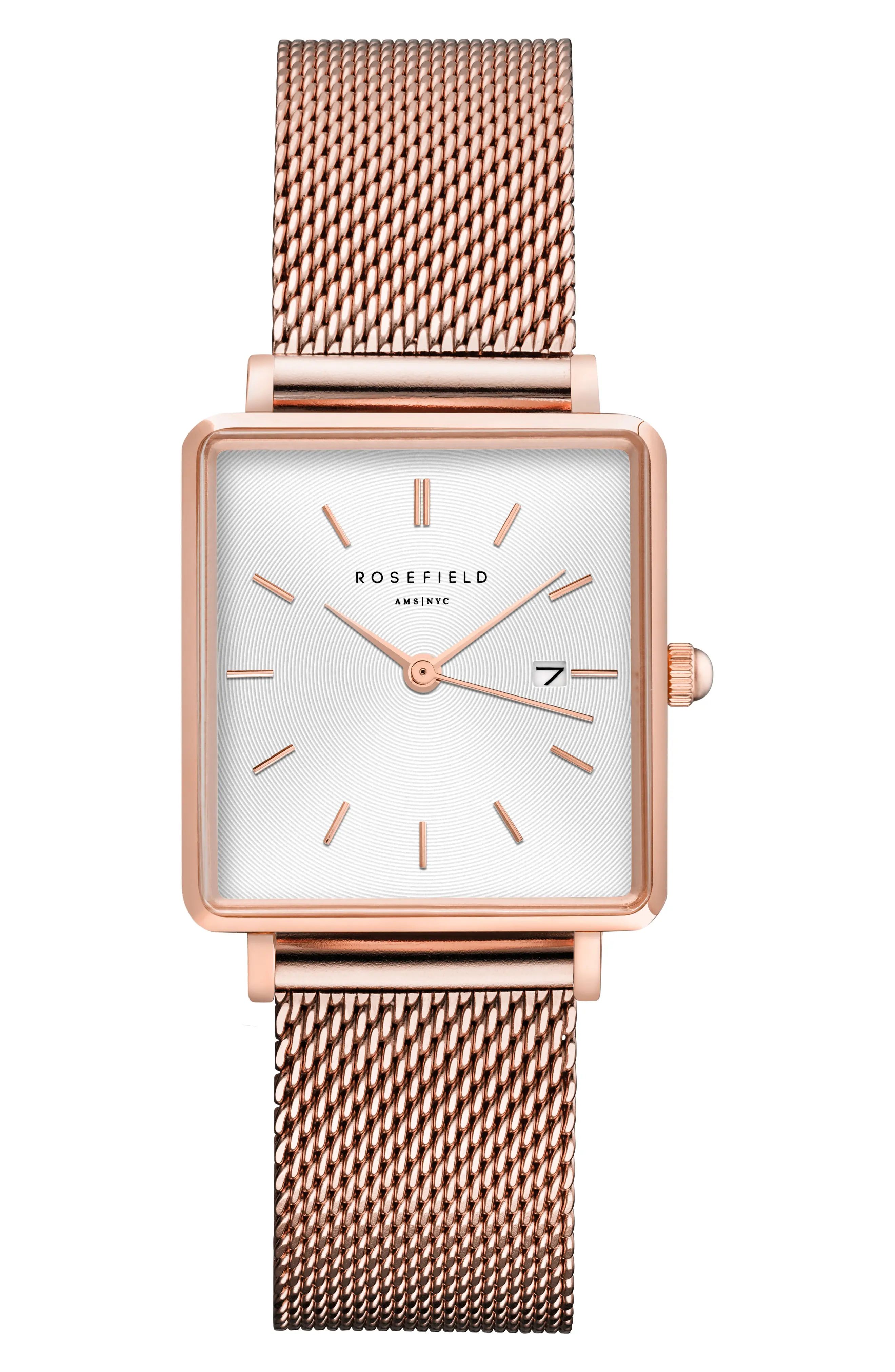 Rosefield The Boxy Mesh Strap Watch, 26mm x 28mm | Nordstrom