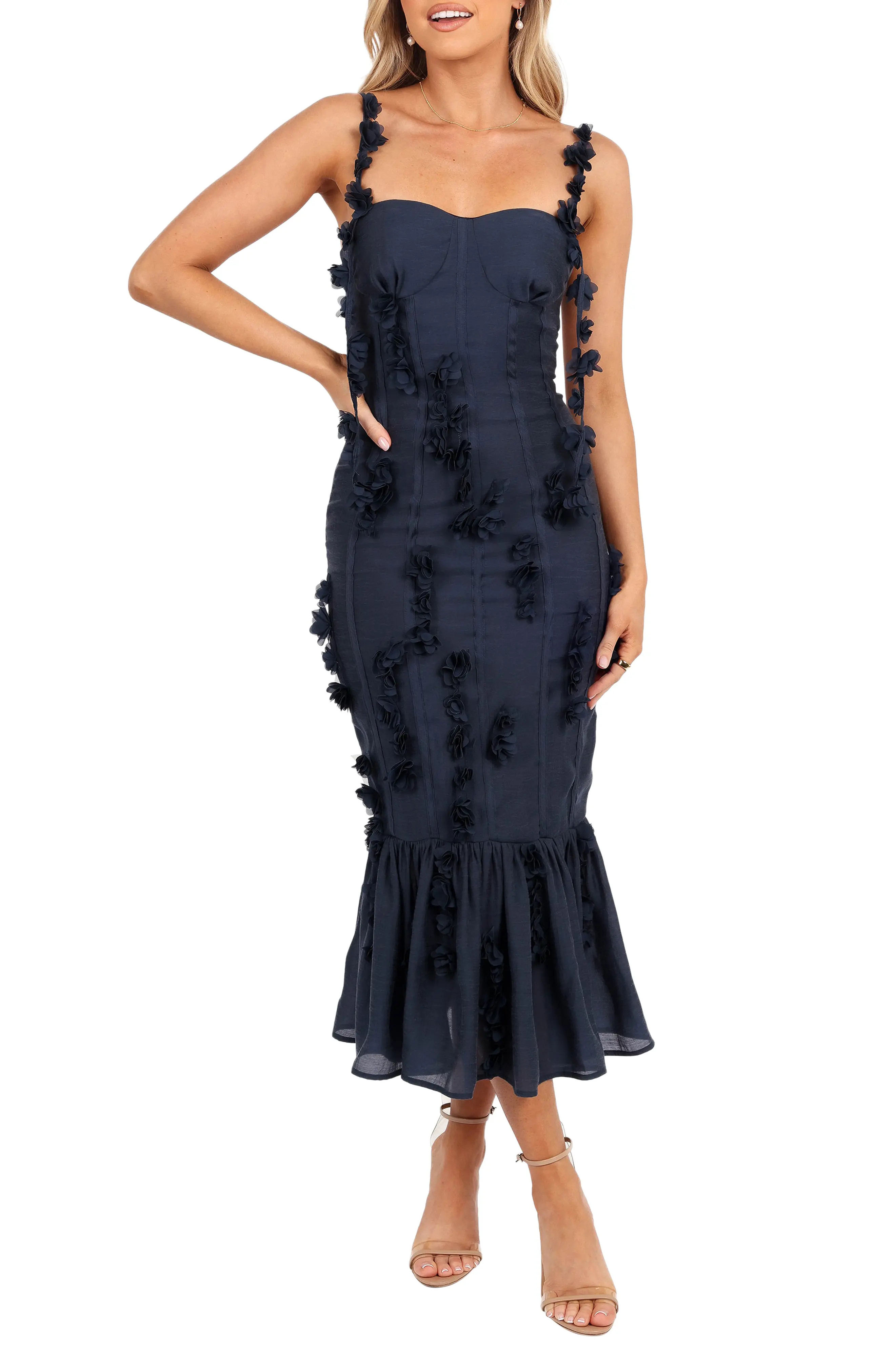 Petal & Pup Posedly Rosette Mermaid Midi Dress in Navy at Nordstrom, Size X-Large | Nordstrom