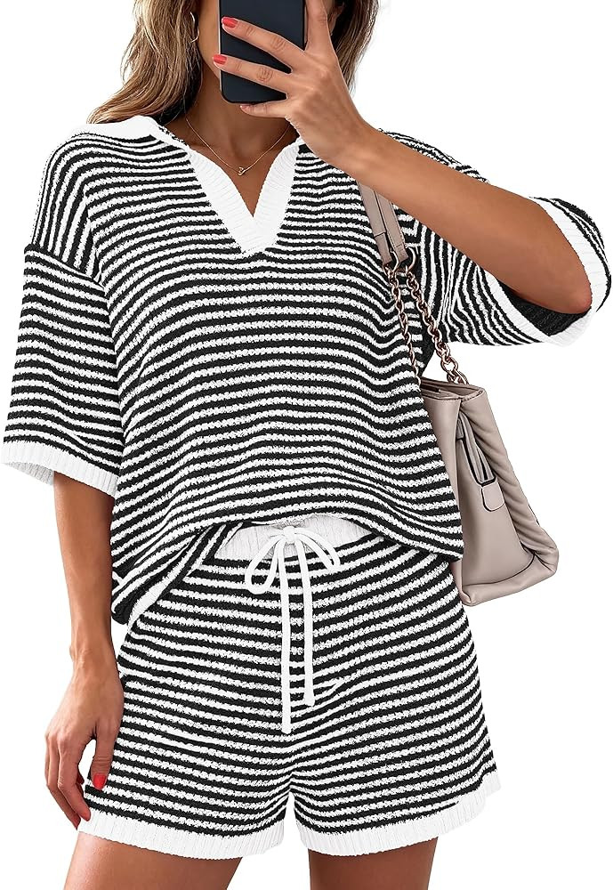 PRETTYGARDEN Women 2 Piece Lounge Sets Short Sleeve V Neck Striped Tops Drawstring Short Sets Bea... | Amazon (US)