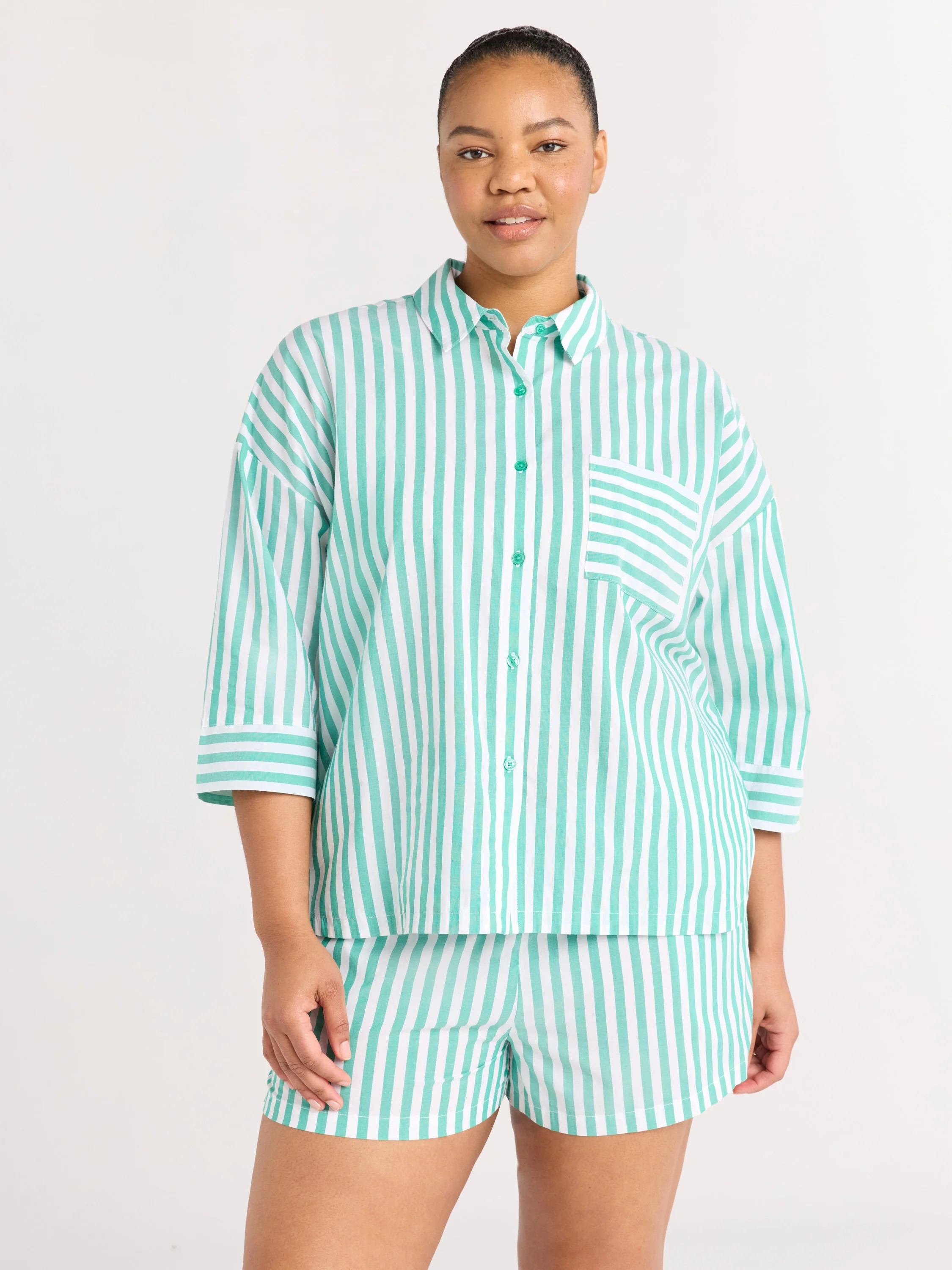 Joyspun Women’s Woven ¾ Sleeve Notch Collar Top and Boxer Shorts Pajama Set, Sizes XS-3X | Walmart (US)