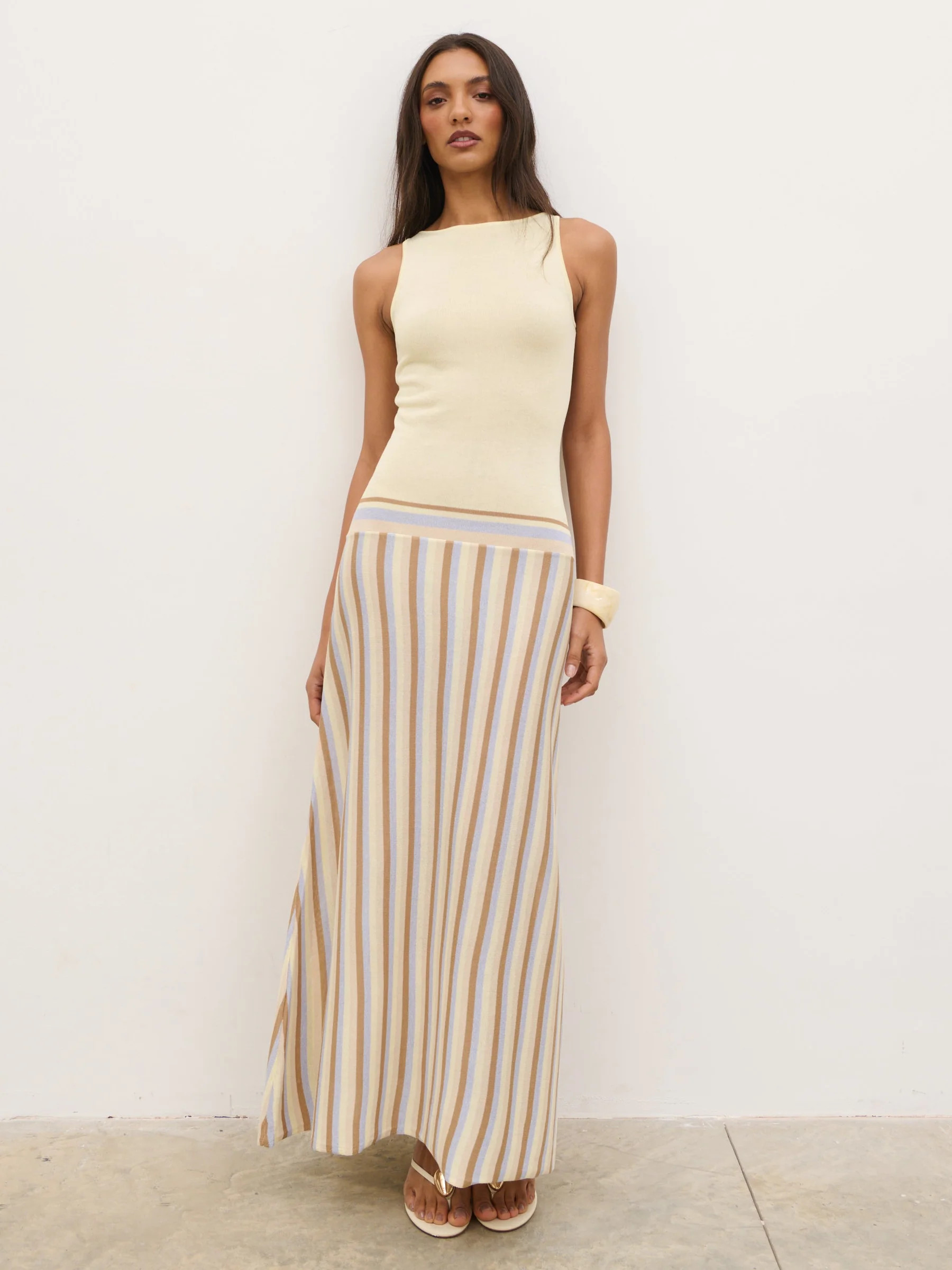 Phoebe Slash Neck Stripe Knit Maxi Dress - Lemon | Pretty Lavish (UK)