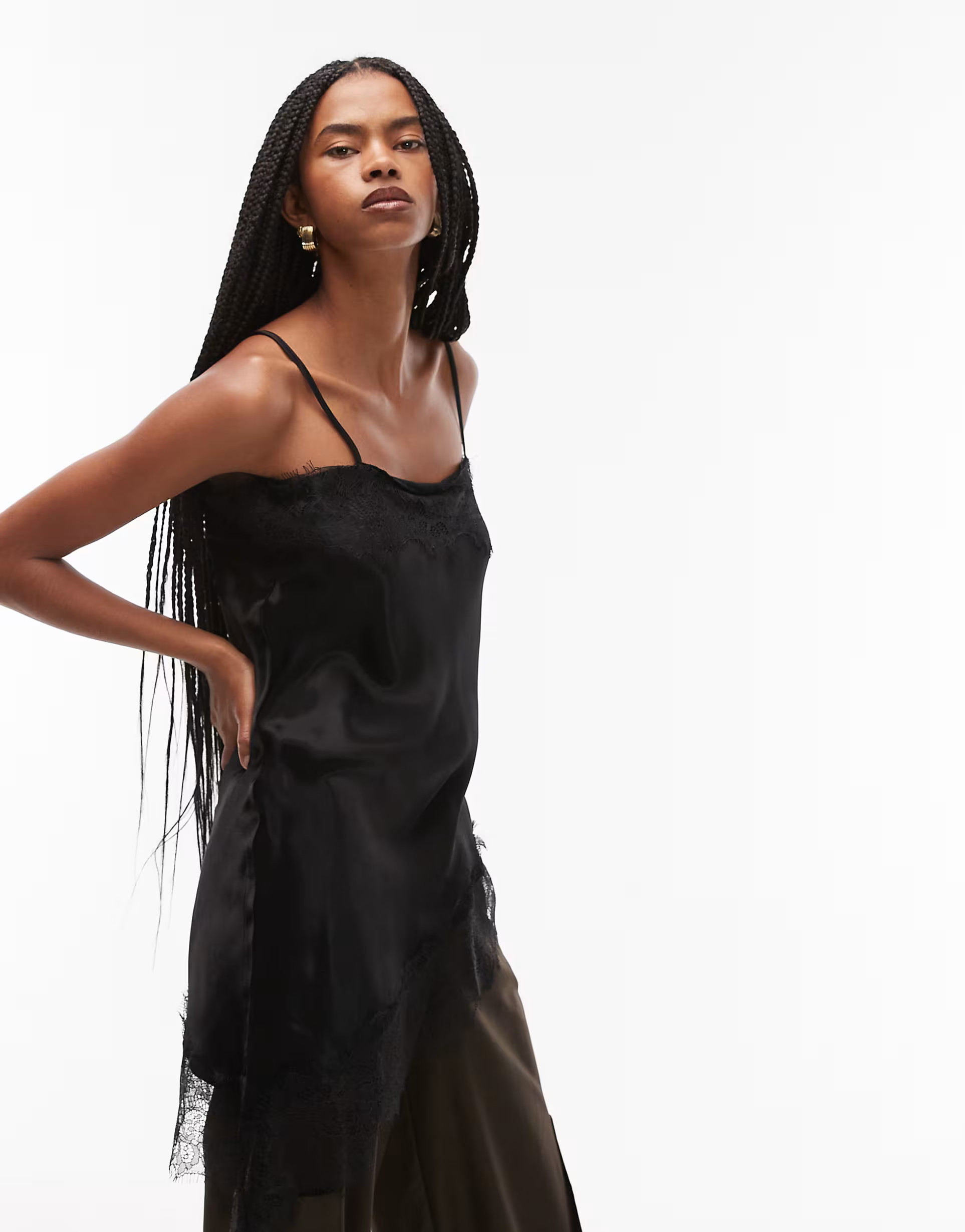 ASOS DESIGN satin lace trim asym cami top in black | ASOS (Global)