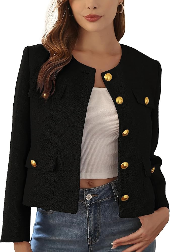 M.Infisavo 2025 Women Tweed Jacket Cropped Blazers Fall Winter Elegant Round Neck Pockets Busines... | Amazon (US)
