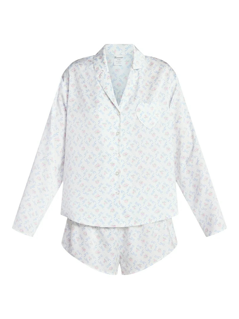 No Boundaries Sleepwear Satin Long Sleeve Button-Up Top and Shorts Set, 2-Piece, Women’s XS-XXL | Walmart (US)
