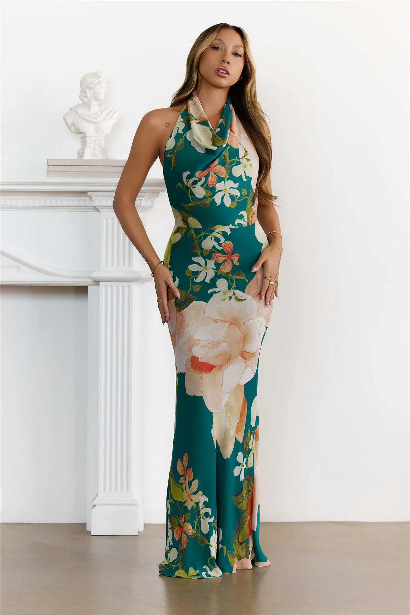Dreamy Floral Cowl Neck Halter Maxi Dress Green | Hello Molly (US)