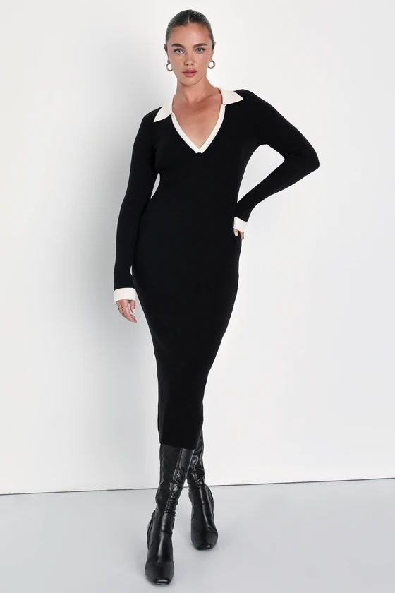 Successful Sophistication Black Color Block Midi Sweater Dress | Lulus (US)
