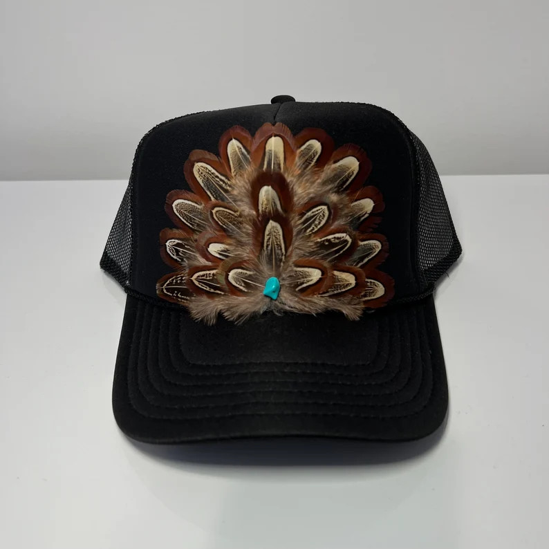 FEATHER Trucker Hat Western Cowgirl Rodeo Hat Turquoise Stone Black - Etsy | Etsy (US)
