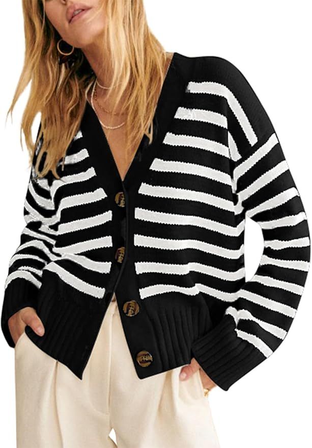 EVALESS Womens Striped Cardigan Sweaters Long Sleeve V Neck Lightweight Open Front Button Down Kn... | Amazon (US)