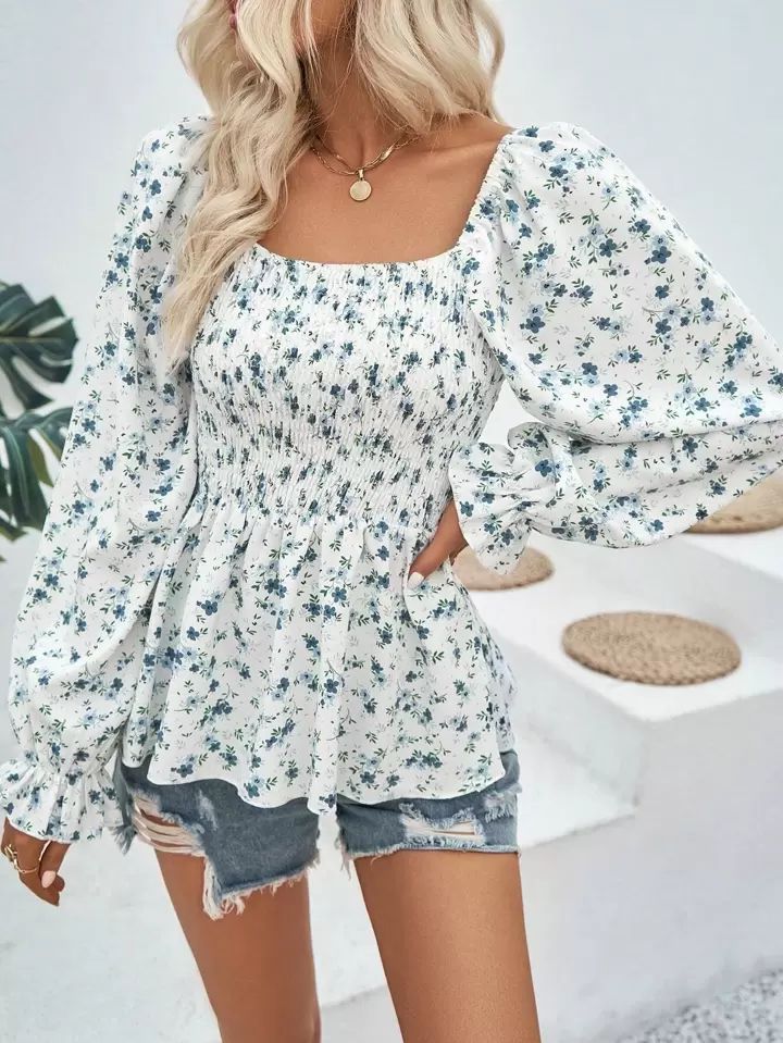 SHEIN VCAY Ditsy Floral Print Flounce Sleeve Peplum Blouse | SHEIN