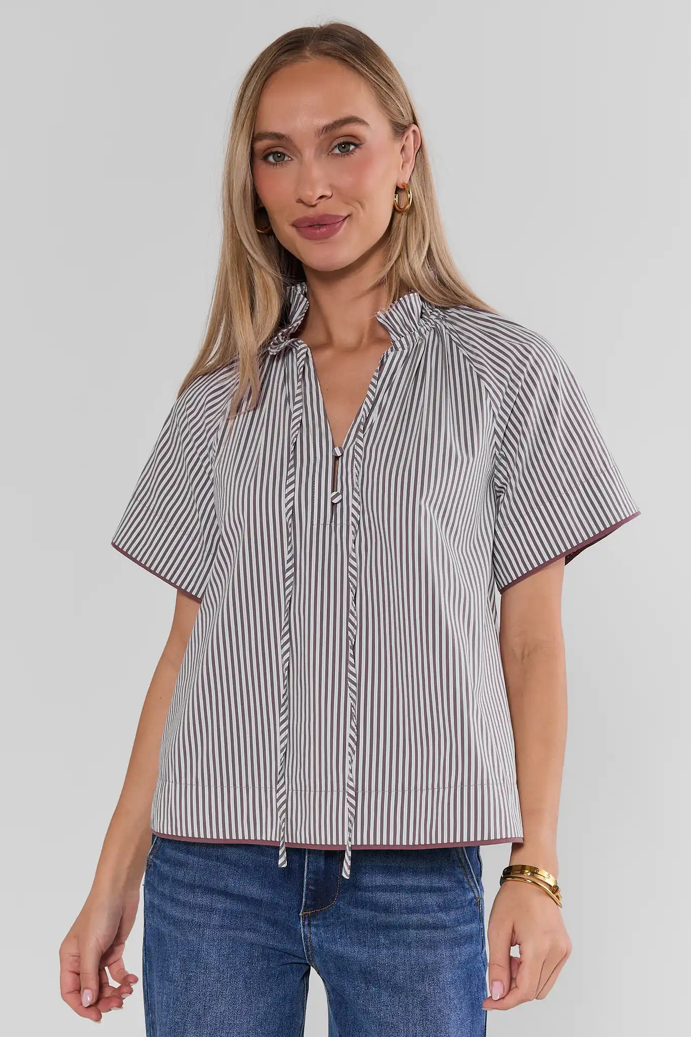 Mocha Striped Split Neck Top | Avara