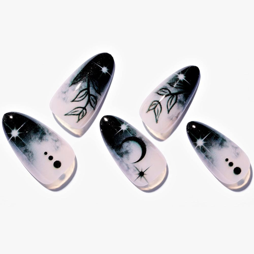 GLAMERMAID Press on Nails Medium Almond, Halloween Gothic Black Ombre French Tip Glue on Gel Nail... | Amazon (US)
