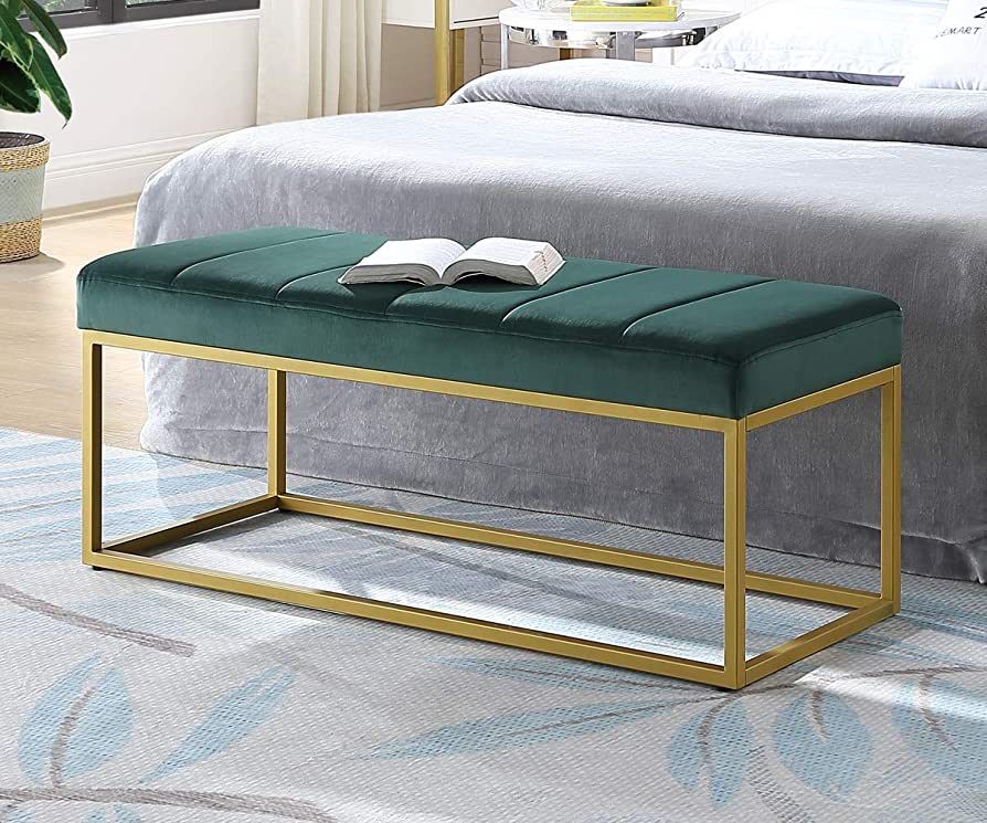 24KF Jade Velvet Upholstered Tufted Channel Bench, Velvet Cushion with Golden Metal Frame -Jade/G... | Amazon (US)