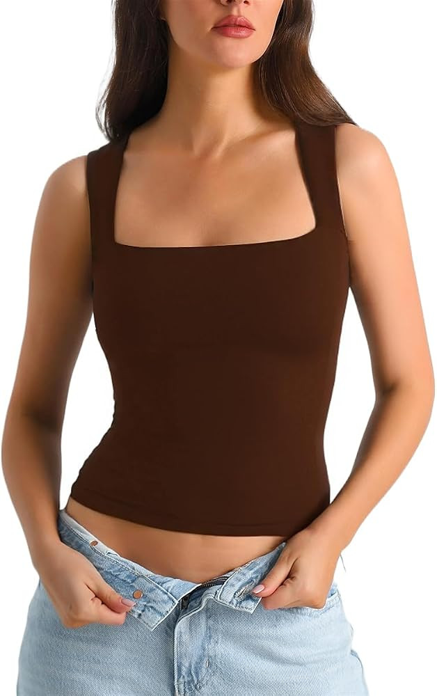 HOYAYO Women's Slim Fit Double-Layer Tank Top Square Neck Sleeveless Basic Fitted Tee Shirt | Amazon (US)