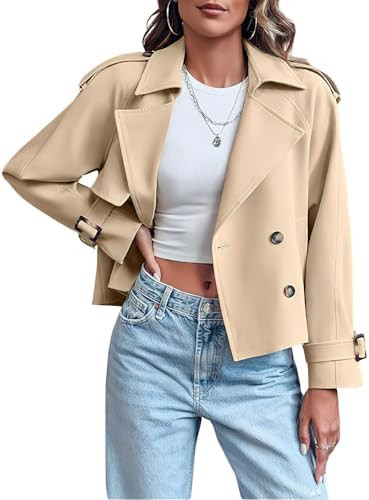 Women's Double Breasted Short Duster Trench Coat Lapel Loose Windproof Cropped Jacket Coat with P... | Amazon (US)