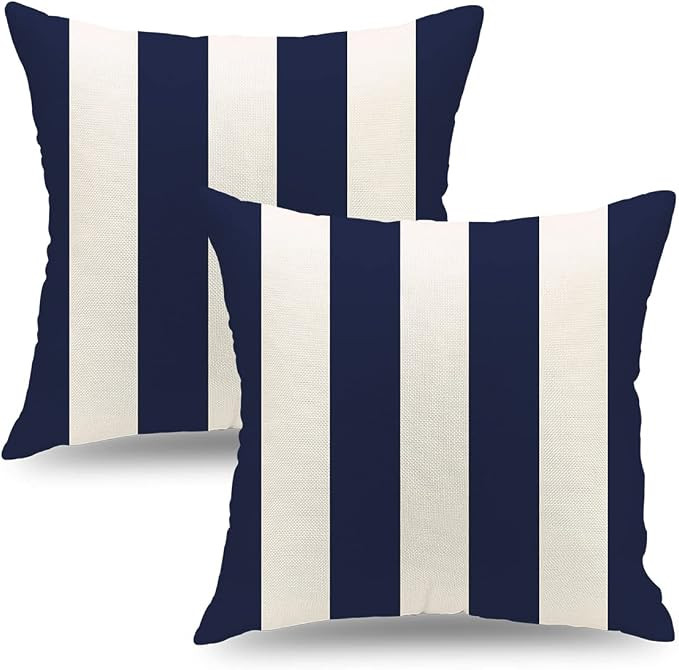 QIQIANY Set of 2 Navy Blue and White Stripe Outdoor Throw Pillow Covers 18 x 18 Inch Square Water... | Amazon (US)