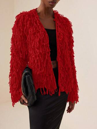 Vesra Solid Color Fringe Decor Casual Versatile Long Sleeve Cardigan For New Year Clothes | SHEIN