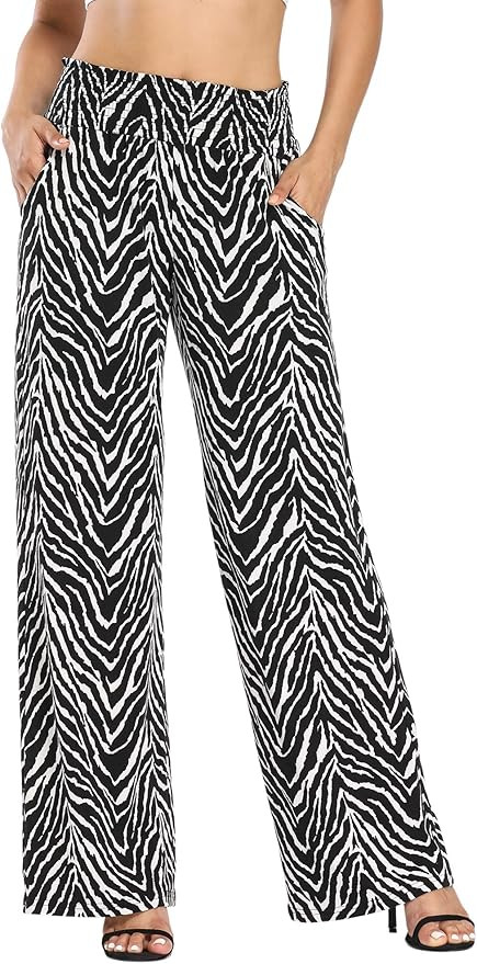 Urban CoCo Women's Boho Palazzo Pants Wide Leg Beach Pants High Waisted Lounge Pants with Pockets | Amazon (US)