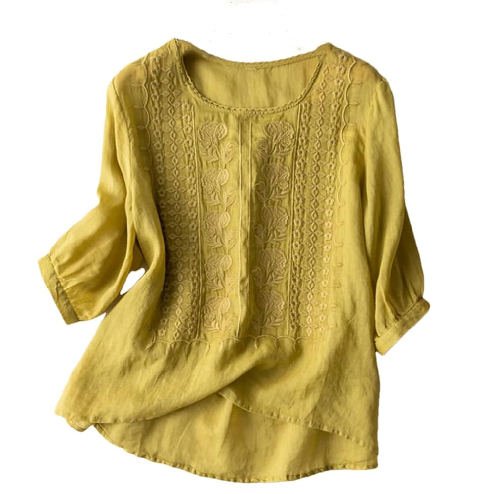 Women's O-Neck Chinese Style Embroidered Casual Shirt Loose Cotton and Linen Top | Amazon (US)