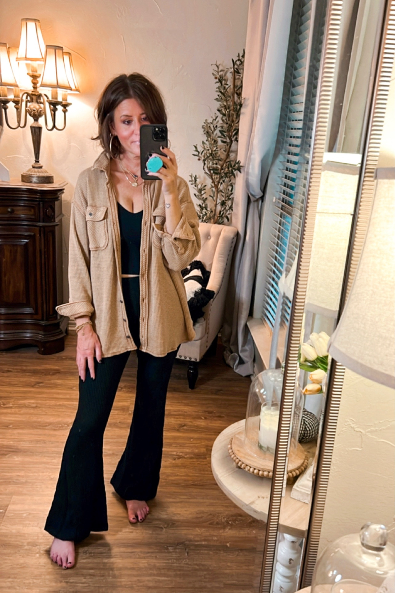 American Eagle waffle knit top, wearing XS.  Flare leggings, wearing size small  

#LTKstyletip #LTKunder50 #LTKsalealert