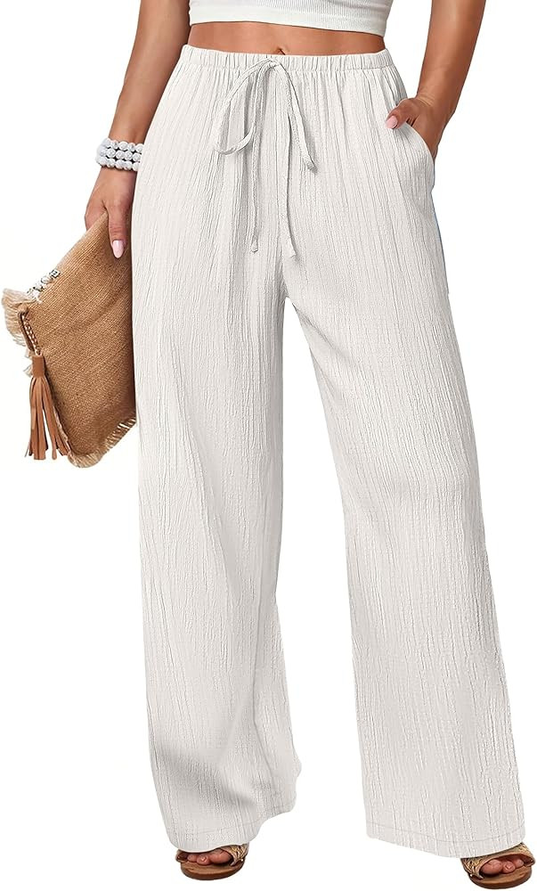 ANRABESS Women's Wide Leg Beach Pants Elastic Waist Lightweight Casual Flowy Palazzo Lounge Trous... | Amazon (US)