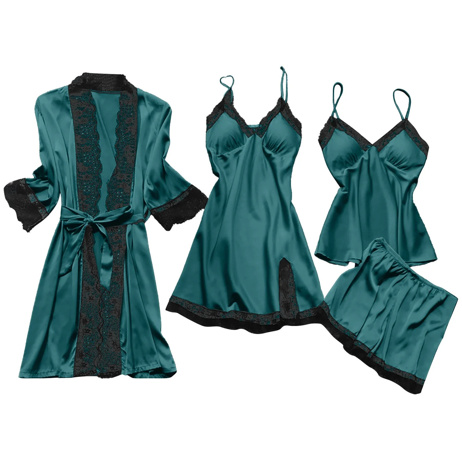 Womens 4pcs Pajamas Set, Soft Silk Satin Sleepwear Lace Trim Nightdress Pj Set with Robe, Comfy H... | Walmart (US)