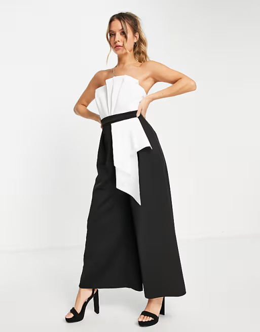 ASOS DESIGN scuba pleated bandeau jumpsuit in mono | ASOS (Global)