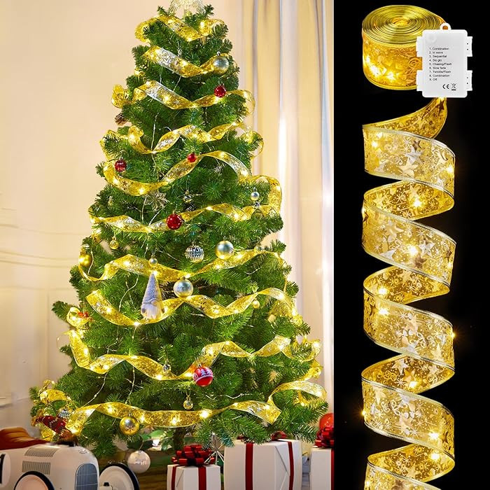 Minetom Christmas Tree Ribbon String Lights - 33ft 100 LED Battery Powered Fairy Lights with Time... | Amazon (US)