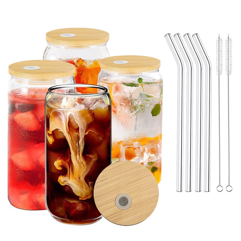ALLJOY Glass Cups with Lids and Straws, 16 oz Drinking Glasses Cup 4pcs Set, Iced coffee Cup Drin... | Walmart (US)