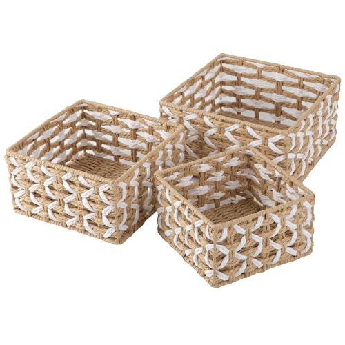 OIAHOMY Storage Baskets Paper Rope Shelf Baskets, Handwoven Small Wicker Bins for Home, Set of 3-Yellow & White | Amazon (US)