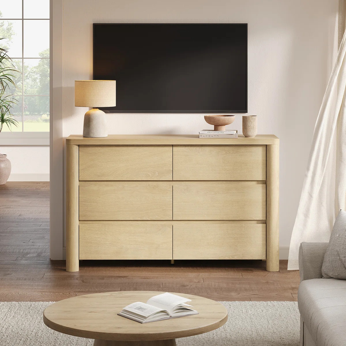 Jarne 52.75" Wide Natural Wood 6 Drawers Dresser Modern Dresser Chest For Bedroom Living Room, Na... | Wayfair North America