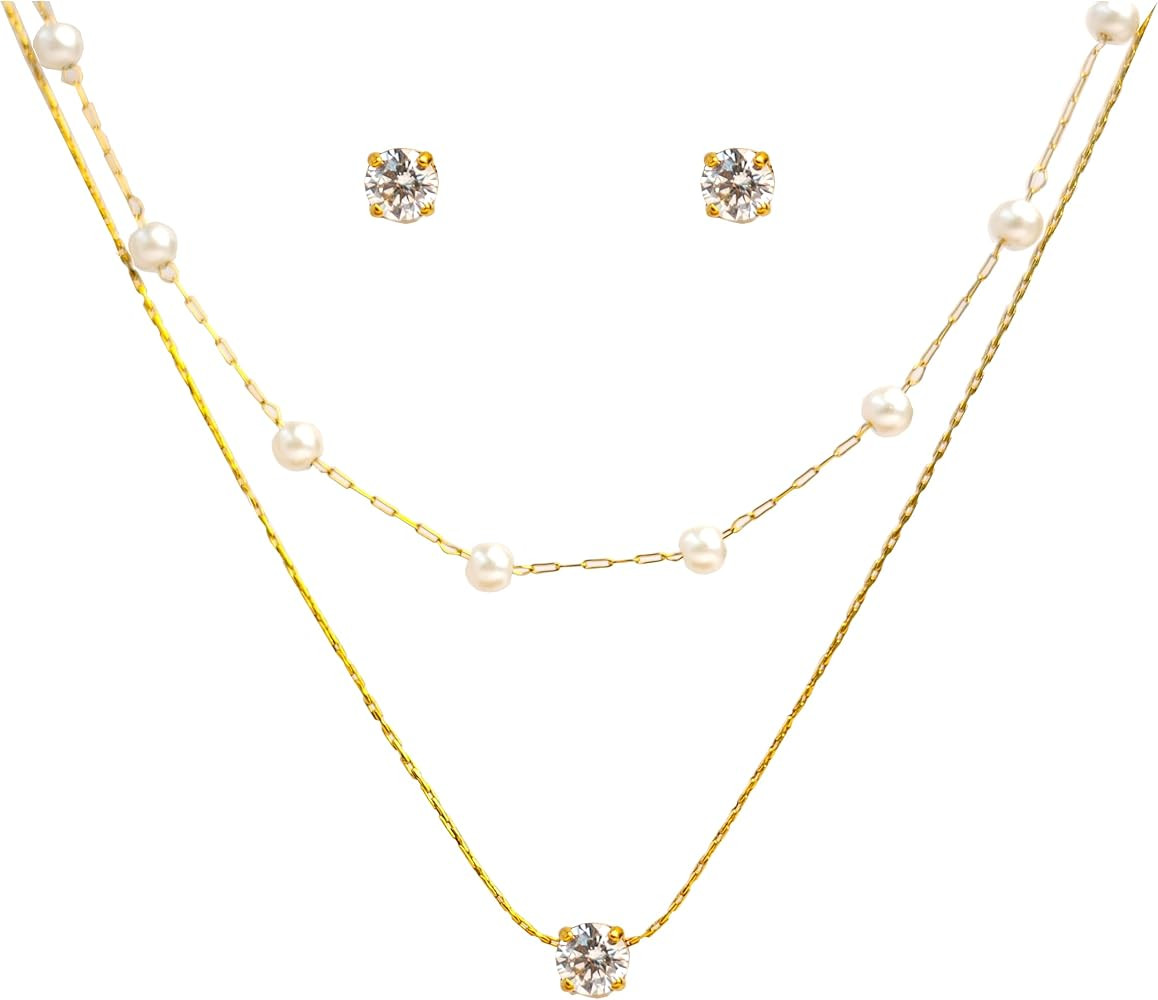 Elegant Pearl jewelry set for Women-Dainty 14K gold Plated Layered Choker necklace set withCubic ... | Amazon (US)