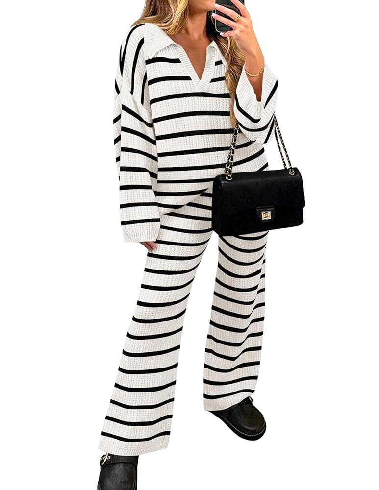 ZESICA Women's 2 Piece Sets Fall Casual Striped Long Sleeve V Neck Knit Sweater Tops and Wide Leg... | Amazon (US)