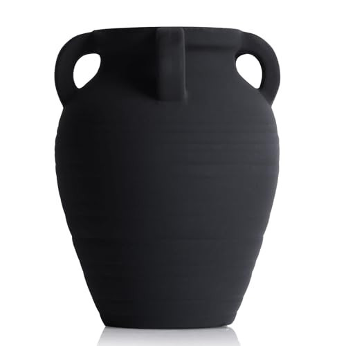Handmade Black Vase - 8.2" Tall Terracotta Vases with 4 Ear Design, Wide Mouth Vintage Vases, Rustic Antique Decor Matte Finish Black Ceramic Vase for Home Decor, Living Room, Table, Fireplace Decor | Amazon (US)