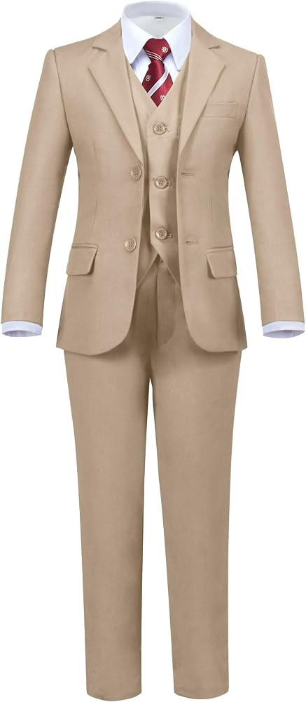 Boys' 5 Piece Formal Suit Set with Suit Jacket, Vest, Pants, Collared Dress Shirt, and Tie | Amazon (US)