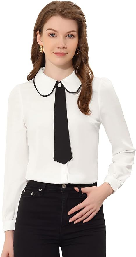 Allegra K Work Office Shirt for Women's Long Sleeve Button Up Peter Pan Collar Blouse | Amazon (US)