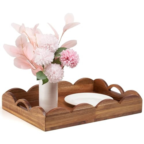 Wooden Scalloped Serving Tray - Rectangle Wood Tray with Handles,15.7×11.8 inch Acacia Wood Serving Ottoman Tray Platter for Living Room, Coffee Table, Breakfast in Bed, Lunch, Dinner | Amazon (US)